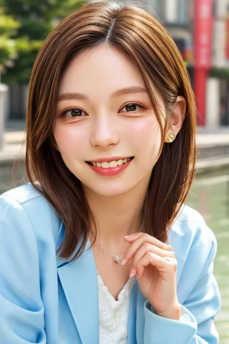 Office lady in suit , Full body,  dedicated nipple, Innocent, downblouse, Thin eyebrows, thin lips, pale lips, backlightvarious hair styles,  Medium hair, Small lips,(straight hair)Lateral face,  various facial expressions , detailed nasal bridge, whole body, detailed philtrumdeep Smiles lines, no makeupvarious poses, various postures, small breasts , Medium length hair, light brown hair ,  best quality, photo realistic, masterpiece, extremely detailed face, detailed nose, detailed eyes , dedicated eyes,  double eyelids, fair eyebrows, full body, whole body, side parting hair, windy, symmetrical eyes, very detailed eyes, detailed iris, fine eyebrows, long eyelashes  silky hair, perfect white teeth, watery eyes, dedicated fingers, smaller headsmile dimples, necklace, skin blemishes, perfect fingers, ear pins, small mouth, yellow Chinese skin