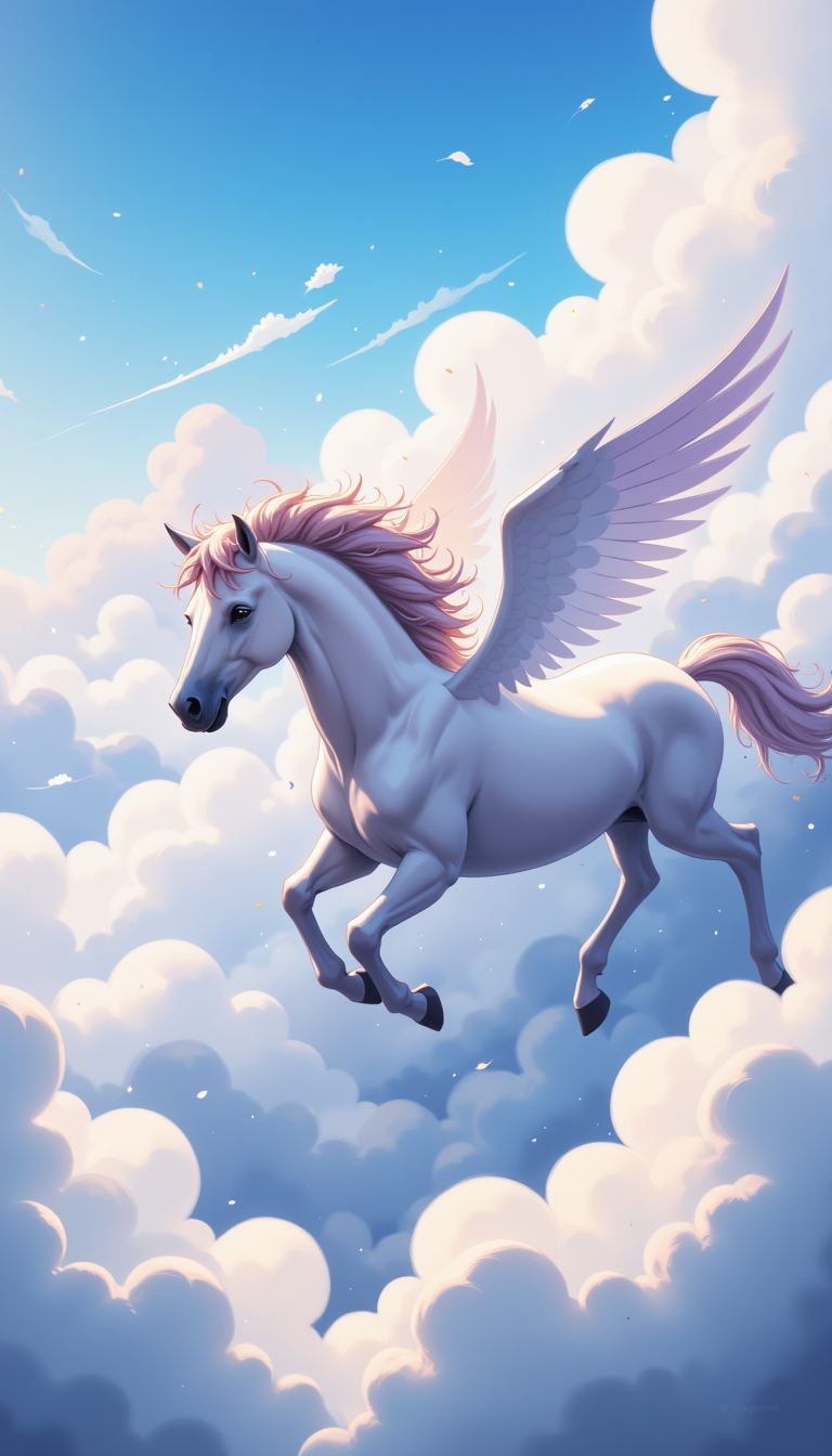 Fantasy illustration of ethereal winged horses soaring through fluffy clouds, pastel color palette, soft brush strokes, magical atmosphere, glowing auras, detailed musculature, elegant poses, serene expressions, vibrant blue and white background, idyllic sky, high-resolution, detailed, concept art, detailed feather textures, dramatic lighting, artstation, wallpaper, illustration, splash art, promo art, cinematic