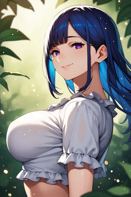 score_9, score_8_up, score_7_up, 1girl, looking at viewer, faceplant, cheeky smile, light_blue hair, short_bangs, dark_purple eyes, large breasts, light_grey frilled shirt, outdoors, glitter particles <lora:Takemura_Youhei_PonyXL_style_v01:1>