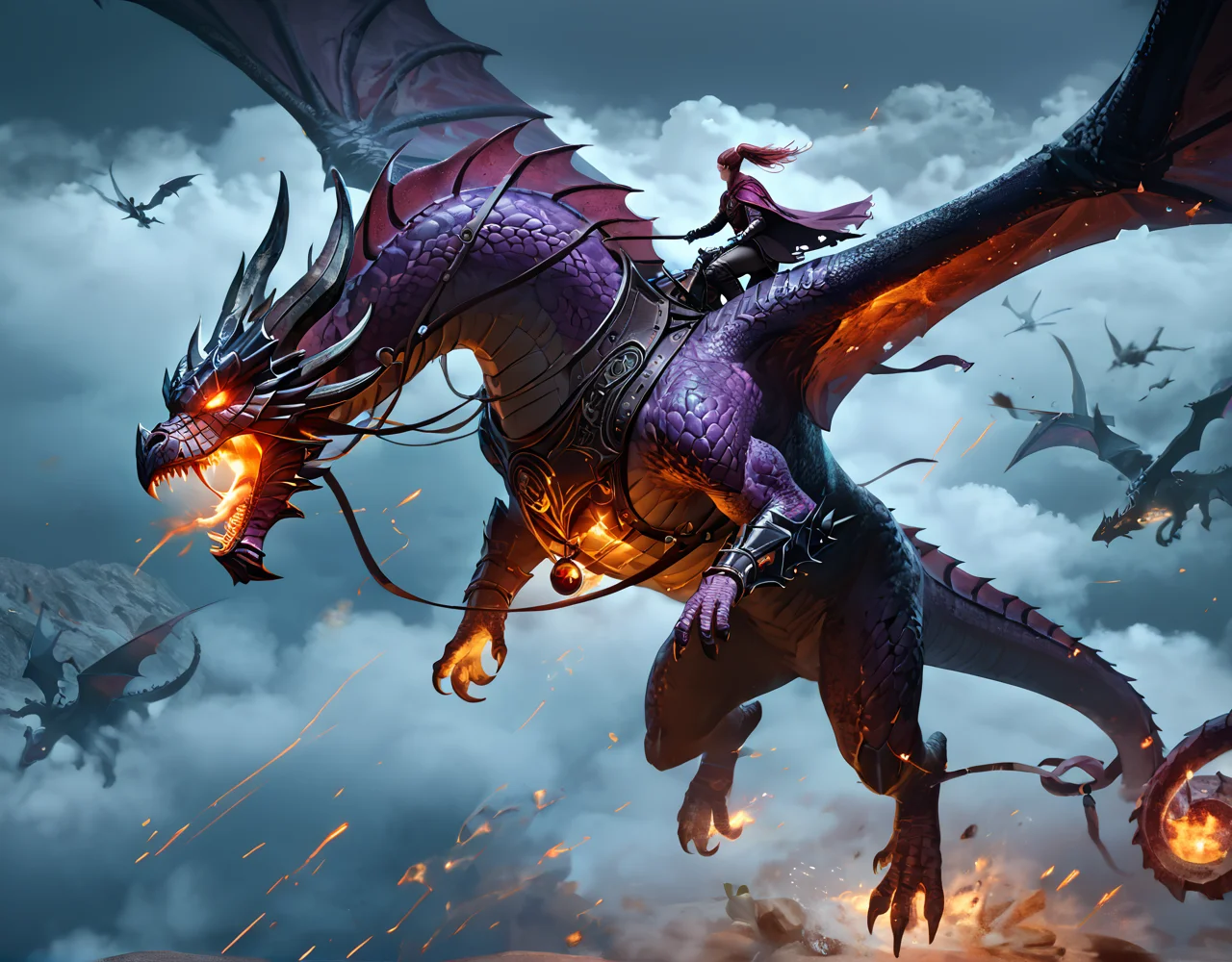 score_9, score_8_up, score_7_up, nighttime, epic image of an armored woman riding a huge dragon through a dark sky, flying, armor, darkness, horns, dark mood, otherworldly, dark clouds, dark lord, holding staff, glowing eyes <lora:dragonriderpxl:0.75>, dragonriderpxl, motion, action shot, best quality, masterpiece, above the clouds, <lora:eldringpxl:0.5>, eldringpxl, sorceress, purple scales