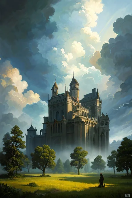 hyperrealism oil painting, ghost of the castle,
thunderstorm, and many small clouds, and slightly cloudy, fantasy forest,
an expansive ancient forest, featuring towering oaks, diverse wildlife, a variety of flora,
{dawn|dusk|night},