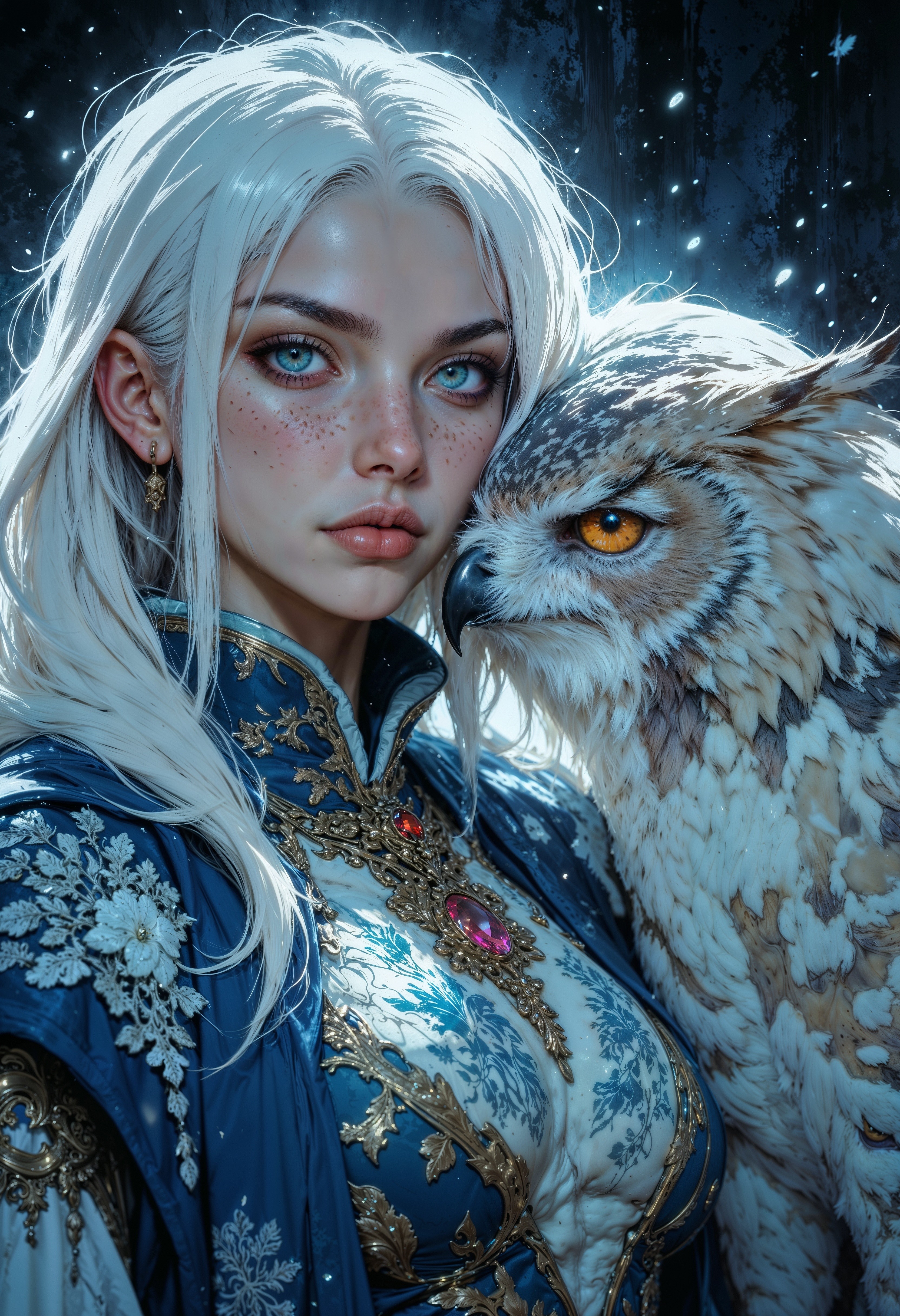 A fierce young woman with cold white hair and blue eyes stands beside a majestic owl. Her freckled skin glows in the cold light of the frost that dance around them. She wears an ornate white and bllue embroidered vest adorned with intricate snow patterns, a matching pendant with an amber gemstone resting at her throat. Her expression is intense, determined, and regal. The owl, its feathers a radiant blend of white snow and blue, presses close to her, its sharp beak and piercing eyes exuding power and wisdom. snowflakes float in the air, casting an ethereal glow against the dark background, as if the world itself bends to their presence.
