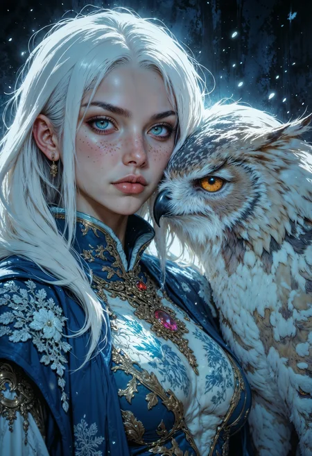 A fierce young woman with cold white hair and blue eyes stands beside a majestic owl. Her freckled skin glows in the cold light of the frost that dance around them. She wears an ornate white and bllue embroidered vest adorned with intricate snow patterns, a matching pendant with an amber gemstone resting at her throat. Her expression is intense, determined, and regal. The owl, its feathers a radiant blend of white snow and blue, presses close to her, its sharp beak and piercing eyes exuding power and wisdom. snowflakes float in the air, casting an ethereal glow against the dark background, as if the world itself bends to their presence.