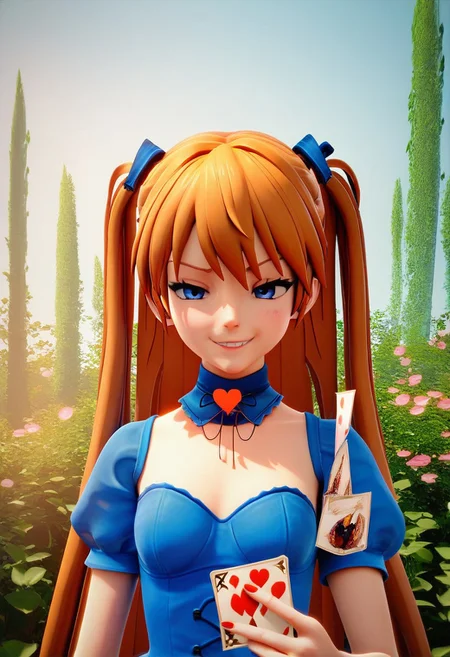 score_9, score_8_up, score_7_up, 1girl, alice in wonderland style, Asuka Langley, blue dress, detached collar, Queen of Hearts, holding card, smug grin, 3d \(artwork\)
