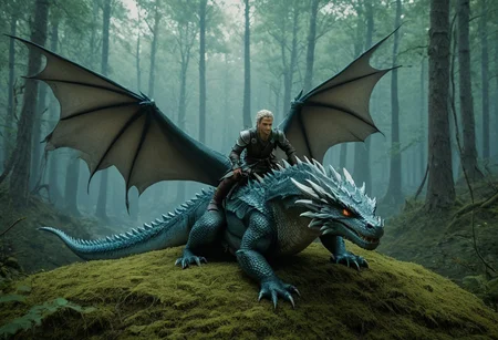 lazypos, dragon, realistic, breath of fire, beautiful captive astride the dragon's back, magical forest background