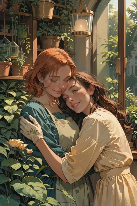 score_9_up, score_8_up, score_7_up, score_9_up, score_8_up, score_7_up, best quality, ultra highres, Casual,
2women, botanical greenhouse environment, late morning environment, tranquil theme, sunlight streaming through glass panels, hugging, soft natural lighting
BREAK
various potted plants, hanging ferns swaying gently, a misting spray in the air, butterflies fluttering around the flowers
BREAK
1woman, medium hair, braided with small wildflowers, copper red hair, casual gardening style, light green apron, serene emotion, gentle smile expression, wearing gardening gloves,
BREAK
1woman, long hair, loosely tied back, dark brown hair, relaxed style, yellow sundress, joyful emotion,
(ultra realistic, 32k, masterpiece:1.2), (high detailed skin:1.1), (high quality:1.1) <lora:incase-ilff-v3-4:0.3> <lora:gr33nXLP:0.8>
