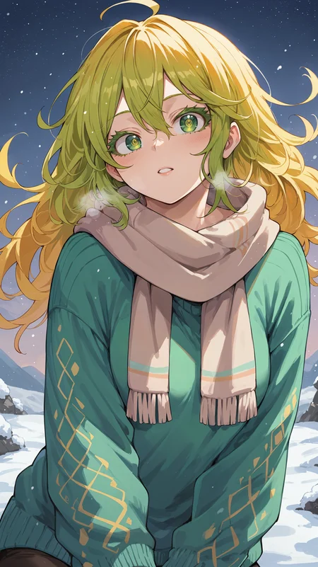 score_9,score_8_up,score_7_up,score_6_up, source_anime, <lora:xl_more_art-full_v1:0.5>, girl, dynamic pose, arms at her side, <lora:Toru Hagakure (Invisible Girl) - Pony:0.8>, long hair, green hair, yellow hair, messy hair, multicolored hair, green eyes, long eyelashes, oversized sweater, colorful sweater, scarf, winter, snow, night sky, visible breath,