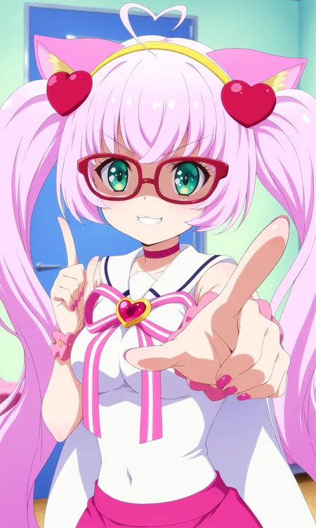 masterpiece, best qualify, beautiful eyes, zzRosia, 1girl, animal ears, glasses, cat ears, solo, ahoge, smile, long hair, breasts, pink hair, twintails, nail polish, looking at viewer, heart, heart ahoge, green eyes, hairband, hair ornament, medium breasts, yellow hairband, pointing, indoors, very long hair, grin, cat girl, pink nails, fingernails, bangs, covered navel, blush, cat tail, headband, pointing at viewer