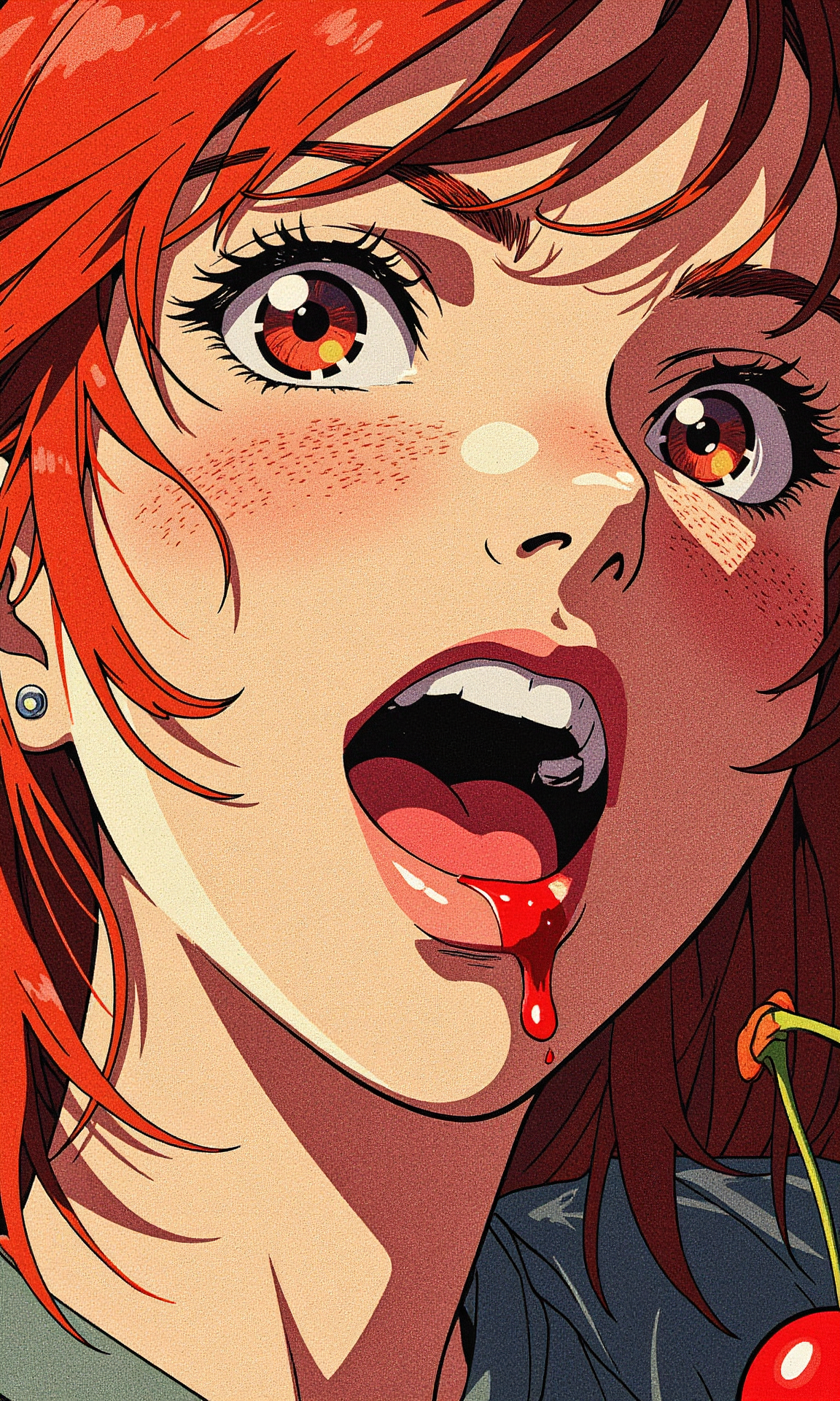 An anime-style (extreme close-up portrait:1.05) captured with a Canon EF 85mm lens, featuring a well-built redhead woman with messy hair, her vibrant locks framing her face in soft, unkempt waves. She is situated in a cozy kitchen setting, the blurred background hinting at warm, homely elements like a countertop and soft natural light spilling through a window.
Her lips are parted slightly, revealing her teeth as she holds a (cherry:1.05) between them, the fruit glistening with juice. A single drop of **red juice** escapes, trailing sensuously down her chin, adding a bold and slightly playful tension to the composition. The bright **color grading** accentuates the vivid red of her hair, lips, and the cherry, contrasting beautifully against the warm, neutral tones of the kitchen.
The (high-key lighting:1.05) illuminates her skin, highlighting its natural texture while casting subtle shadows to emphasize depth. The close framing draws attention to every detailâher freckles, the shimmer of the juice, and the softness of her expression. Her messy hair adds a touch of spontaneity, enhancing the intimate and candid feel of the shot.
This image blends the vibrancy of (fashion photography:1.05) with a sense of everyday charm, presenting her as both strikingly beautiful and relatable. The bright colors, bold textures, and dynamic composition make this a visually arresting and captivating portrait, bursting with energy and character.
BREAK anime, OBdonman