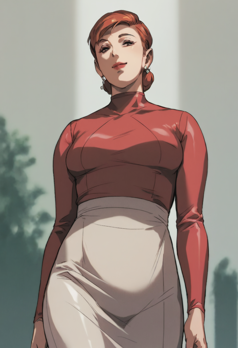 score_9, score_8_up, score_7_up, 1girl, mature_female, large_breasts, portrait, solo, Walking with a prancing step, from_below, (Maroon breastless clothes), Copper hair, cut-in, rating_safe, <lora:pony\artist_styles\ishidaya_pony:1.0>