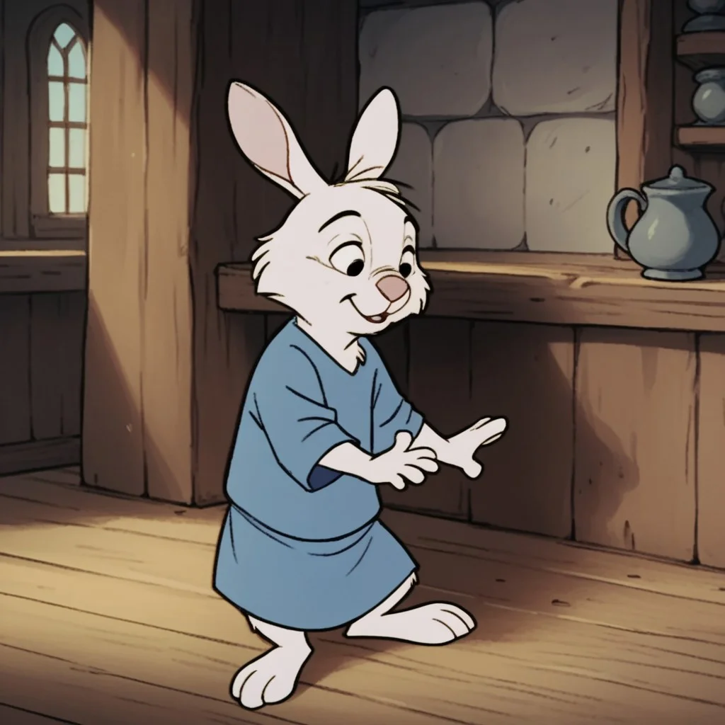 score_9, score_8_up, score_7_up, score_6_up, score_5_up, score_4_up, source_furry, skippyRH, semi-anthro, male, rabbit, white fur, blue tunic, standing, inside, sitting