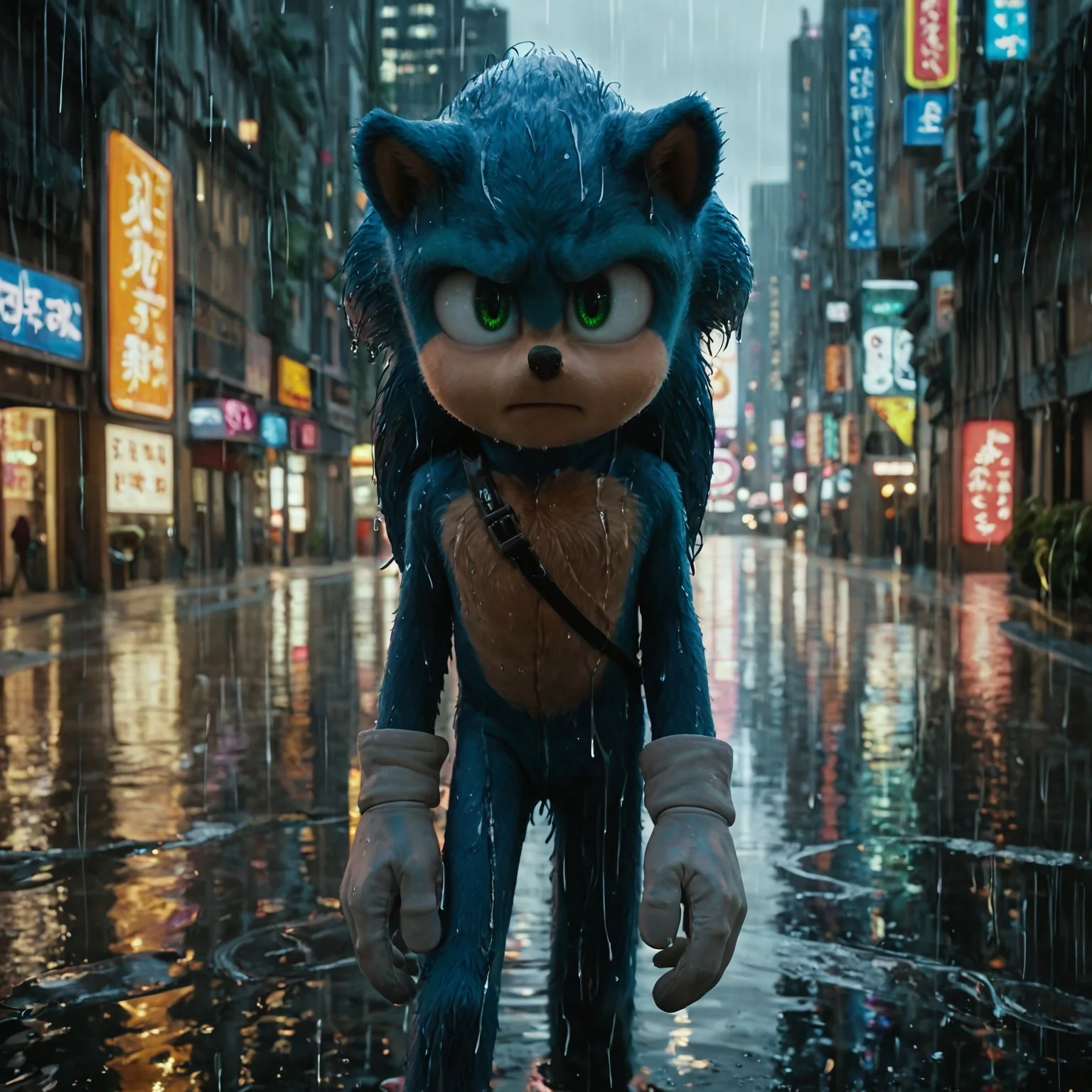 score_9, score_8_up, score_7_up, 1boy, solo, sonic the hedgehog, blue fur, hd, green eyes, in Tokyo, neon, reflections, raining, masterpiece, best quality, good quality, newest, very aesthetic, white gloves, blue body, big head, sonic movie, neo Tokyo, hyper realistic, sky scrapers, neon signs, looking at viewer, confused, fur detail, detailed iris, reflection in eyes, wet fur, standing, big eyes, 