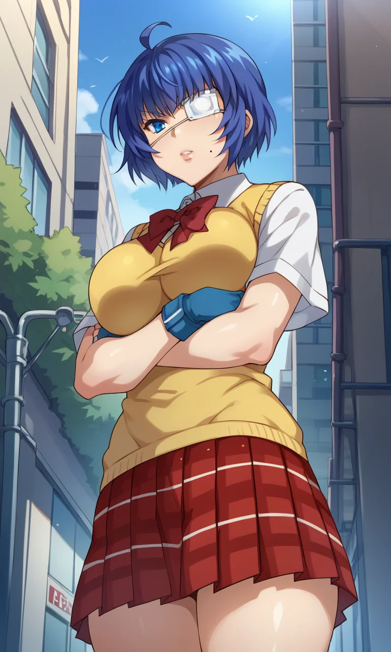 score_9, score_8_up, score_7_up, source_anime, mizuryu_key, <lora:ryomou_shimei:1> ryomoxl, short hair, ahoge, blue hair, medical eyepatch, one mole under mouth, blue eyes, large breasts, school uniform, yellow sweater vest, collared shirt, white shirt, short sleeves, miniskirt, red skirt, pleated skirt, plaid skirt, blue gloves, fingerless gloves, outdoors, cross arms, looking down, from below, leaves, street, serious, standing,