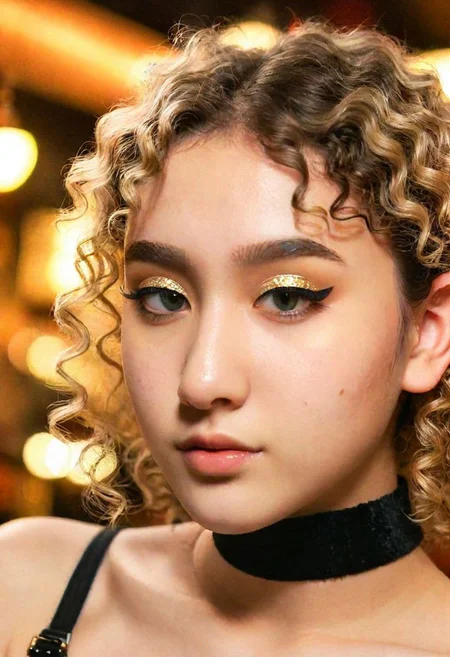 Wide Shot Photo, Golden Hour Photography, a cute girl, 20 years old, curl, glitter eyeliner, black simple choker, realistic skin texture, hardcore, cold lighting, In a cosy bar, (sfw:0.9), highly detailed photography, (muted colors, cinematic, dim colors, soothing tones:1.2), vibrant, insanely detailed, hyperdetailed, (dark shot:1.2)