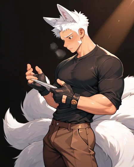 masterpiece, best quality, amazing quality, 1boy, solo, masterpiece, best quality, animal ears,short hair, muscular, pants, tails, white hair, brown pants, shirt,black shirt, blush,gloves,fox ears,fingerless gloves,fox tail, 9 tails, fox boy, sideburns, volumetric lighting, breeze style, muscular man,  <lora:Bree_Style_Hv2:0.6>