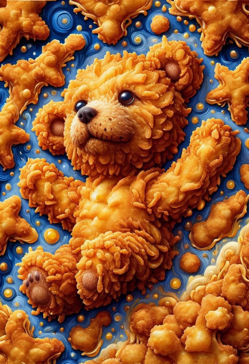 Van Gogh's painting Starry Night made of deep fried & crispy breading, Deep-Fried & Crispy Style. detail