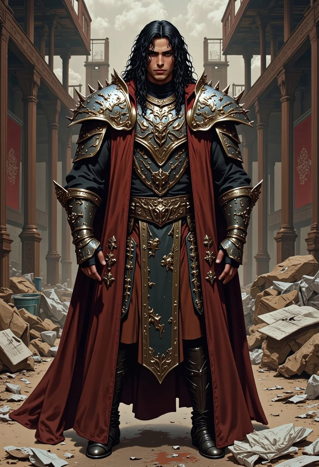 trashpunk, photograph of a muscular man in medieval fantasy armor, realistic style, close-up shot of a person wearing intricately designed armor, dark maroon and black colors, dragon motifs, scales and textures, detailed craftsmanship, shiny metallic finish, shoulder pauldrons with dragon heads, gauntlets with scale patterns, torso plate with a large dragon coiled around the chest, armored sleeves and legs, the background is a medieval courtyard with trash on the ground, high contrast, reflective surfaces, no visible weapons or accessories, realistic texture and detail, fantasy theme, armor looks heavy and robust, no visible seams or joints, sleek and polished look, person appears to be male, medium build, dark hair partially visible, professional photography, high resolution,