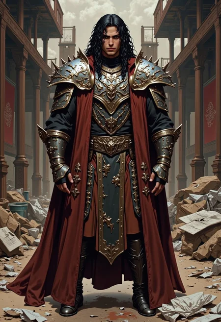 trashpunk, photograph of a muscular man in medieval fantasy armor, realistic style, close-up shot of a person wearing intricately designed armor, dark maroon and black colors, dragon motifs, scales and textures, detailed craftsmanship, shiny metallic finish, shoulder pauldrons with dragon heads, gauntlets with scale patterns, torso plate with a large dragon coiled around the chest, armored sleeves and legs, the background is a medieval courtyard with trash on the ground, high contrast, reflective surfaces, no visible weapons or accessories, realistic texture and detail, fantasy theme, armor looks heavy and robust, no visible seams or joints, sleek and polished look, person appears to be male, medium build, dark hair partially visible, professional photography, high resolution,