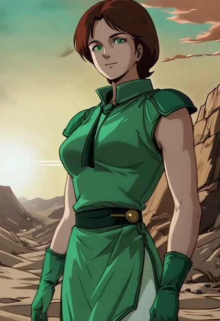 <lora:pony_xl_lin:0.9>, lin, lin outfit, EmmaSheen, brown hair, short hair, green eyes, medium breasts, sleeveless, green gloves, green belt, white leggings, green boots, score_9, source_anime, 1girl, solo, green shoulder armor, green shoulder pads, standing, smile, cowboy_shot, looking_at_viewer, lens_flare, desert, plateau, sunset, sky,