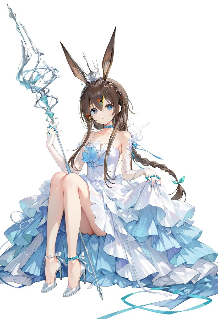 artist:Tsunako,(artist:miyase mahiro:0.55),(artist:ke-ta:0.8),masterpiece,best quality,amazing quality,1girl, amiya(arknights),arknights,amiya,yinlvlianjue,rabbit ears,brown hair,blue eyes,long hair,single braid,strped dress,ribbons,elbow gloves,crown,shoulder,choker,ankle bracelet,heels,ribbon heels,holding staff,lace gloves,multiple rings,white background,sitting,knees up,full body,