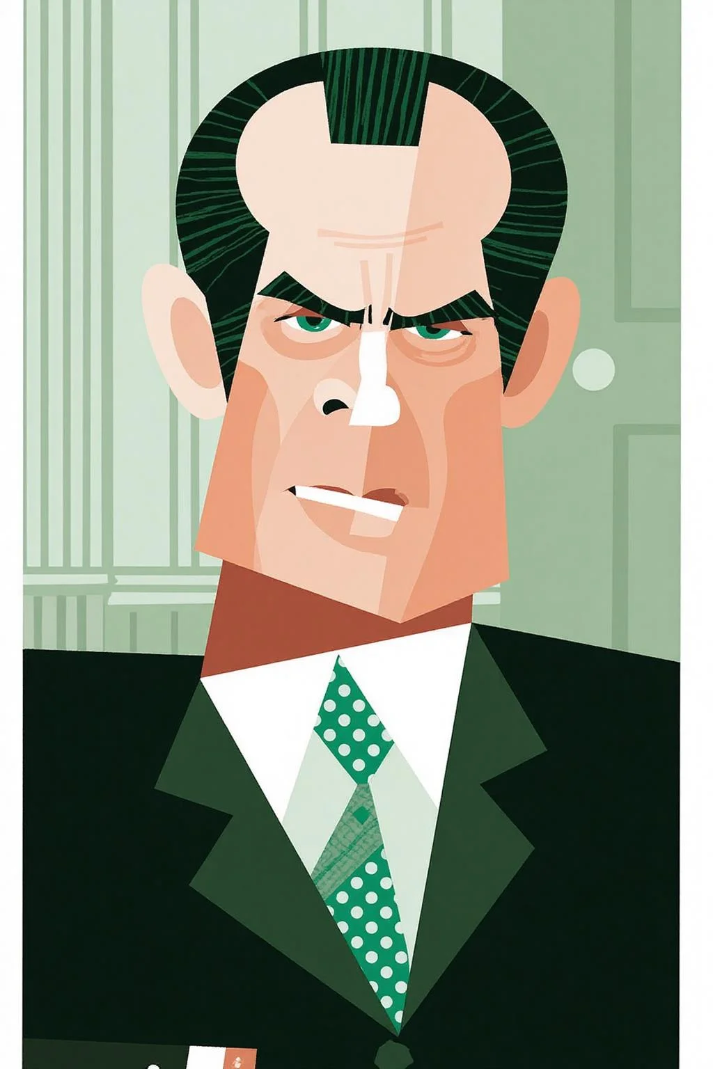 The image is a digital drawing in a modern, stylized comic book art style. It features a man, President Richard Nixon with a stern, serious expression, dressed in a dark suit and tie. His suit is dark green, and his tie is green with white polka dots. He has slicked-back hair with a widow's peak, and his face is depicted with exaggerated, angular features, typical of the graphic novel aesthetic. His expression is stern, with furrowed brows and a determined look. <lora:palo1_cap_d6a3e12:1.0><lora:821346168463333042:0>