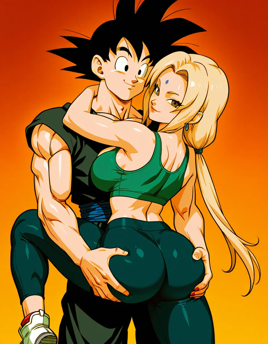 (masterpiece), (best quality), (ultra-detailed), ((Goku_XL, black hair, black eyes, (smile), short hair, 1Boy, muscular, muscular male, black shirt, black pants, sports pants, thick arms, perfect face, perfect eyes, detailed face and eyes)), Tsunade_XL, 1girl, blonde hair, long hair, brown eyes, cleavage, collarbone, nail polish, facial mark, red nails, mature female, short eyebrows, forehead mark, large breasts, narrow waist, wide hips, large ass, green sports bra, black leggins, white sneakers, perfect face, perfect eyes, detailed face and eyes, ((Tsunade hugging Goku's neck)) Tsunade's arms in Goku's neck, ((Goku's hands on Tsuade's ass)), ((Goku squeezing Tsunade's ass)), Tsunade's looking to Goku with a loovely look, perfect face, perfect eyes, romantic atmosphere, soft lighting, ((focus on both characters)), detailed background, warm colors, 4 k, anime art, anime style, illustration, disheveled hair, detailed eyes, perfect composition, moist skin, intricate details, earrings, ((Goku_XL, black hair, black eyes, (smile), short hair, 1Boy, muscular, muscular male, black shirt, black pants, sports pants, thick arms, perfect face, perfect eyes, detailed face and eyes)), Tsunade_XL, 1girl, blonde hair, long hair, brown eyes, cleavage, collarbone, nail polish, facial mark, red nails, mature female, short eyebrows, forehead mark, large breasts, narrow waist, wide hips, large ass, green sports bra, black leggins, white sneakers, perfect face, perfect eyes, detailed face and eyes, ((Tsunade hugging Goku's neck)) Tsunade's arms in Goku's neck, ((Goku's hands on Tsuade's ass)), ((Goku squeezing Tsunade's ass)), Tsunade's looking to Goku with a loovely look, perfect face, perfect eyes, romantic atmosphere, soft lighting, ((focus on both characters)), detailed background, warm colors, 4 k, anime art, anime style, gentle, heavenly light, striking, intricate detail, cinematic