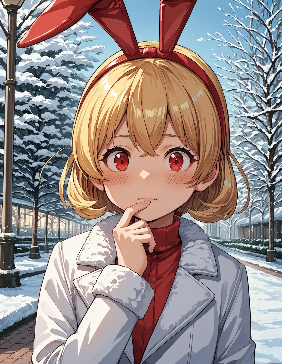 score_9, score_8_up, source_anime, 1girl, upper body, medium shot, detailed, mgrcnanaseyukika, blonde hair, low ponytail, red eyes, fake rabbit ears, red hairband, white winter coat, hand on chin, blush, outdoors, park, winter, snow, <lora:mgrcnanaseyukika_XL:0.85>