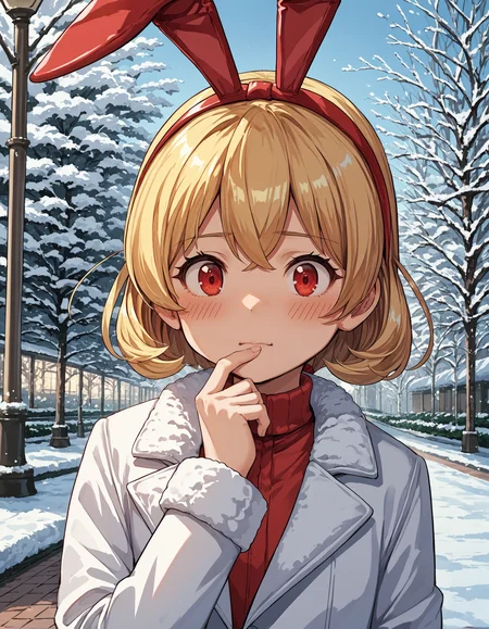 score_9, score_8_up, source_anime, 1girl, upper body, medium shot, detailed, mgrcnanaseyukika, blonde hair, low ponytail, red eyes, fake rabbit ears, red hairband, white winter coat, hand on chin, blush, outdoors, park, winter, snow, <lora:mgrcnanaseyukika_XL:0.85>