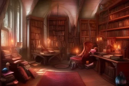 a fantasy bedroom that is also the owner's personal library with books everywhere
FanStu