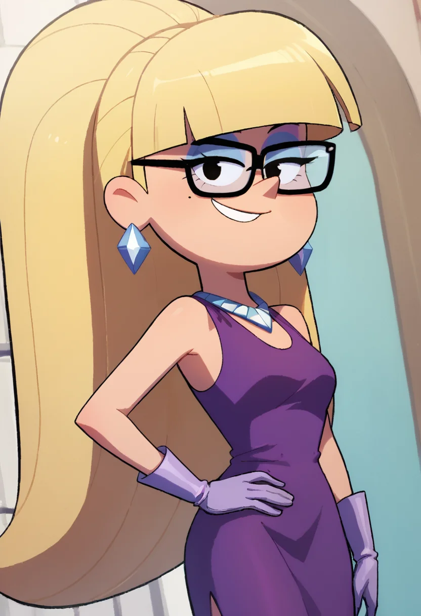 masterpiece,best quality, highly detailed, score_9, score_8_up, score_7_up, score_6_up,<lora:xl_more_art-full_v1:0.8>,
BREAK
<lora:pacificaXL:0.8>pacifica, 1girl, solo, blonde hair, gloves, jewelry, earrings, dress, long hair, purple dress, bangs,purple gloves, blunt bangs, hand on hip, smile, glasses,looking at viewer, ponytail, makeup, style parody, eyeshadow