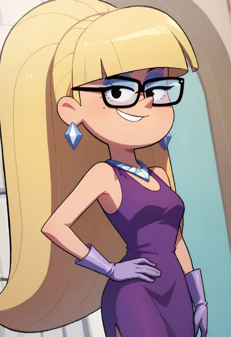 masterpiece,best quality, highly detailed, score_9, score_8_up, score_7_up, score_6_up,<lora:xl_more_art-full_v1:0.8>,
BREAK
<lora:pacificaXL:0.8>pacifica, 1girl, solo, blonde hair, gloves, jewelry, earrings, dress, long hair, purple dress, bangs,purple gloves, blunt bangs, hand on hip, smile, glasses,looking at viewer, ponytail, makeup, style parody, eyeshadow