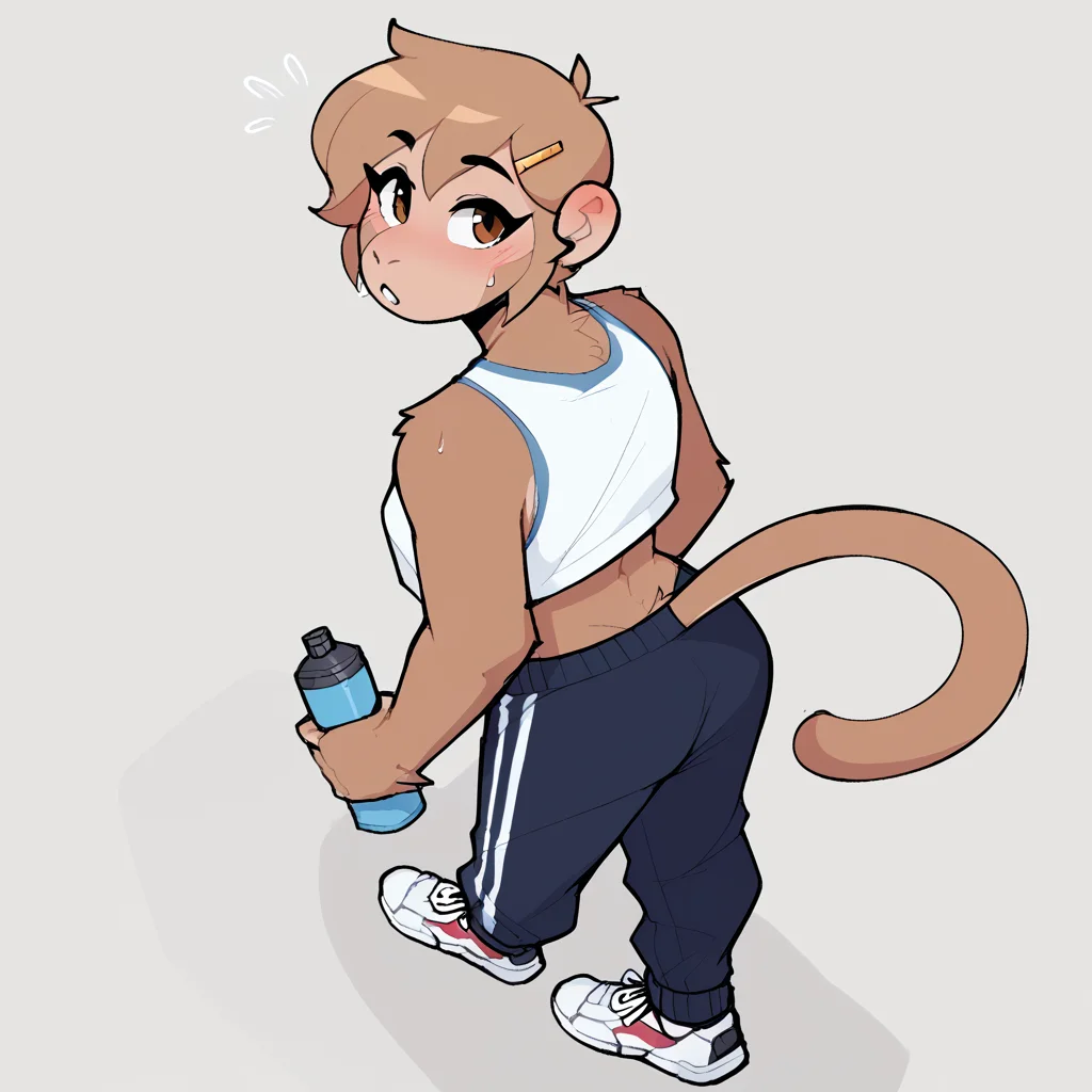 score_9_up, score_8_up, score_7_up, score_6_up, furry female, by remanedur, monkey, monika lee, female, furry, short hair, brown eyes, brown hair, brown body, monkey tail, looking at viewer, crop top, athletic, sweatpants, sportswear, holding object,  hairclip, sneakers,  solo, standing, head tilt, rear view, butt, blush, looking back, teasing, high-angle view,   <lora:Leah_Pines(AIM)_XL_v1:0.75>, <lora:PDXL_artist_tags_v2_big:0.8> <lora:The-Minuscule-Task_PDXL_v1.0:0.8>  <lora:Monika_Lee_427deer:0.75>