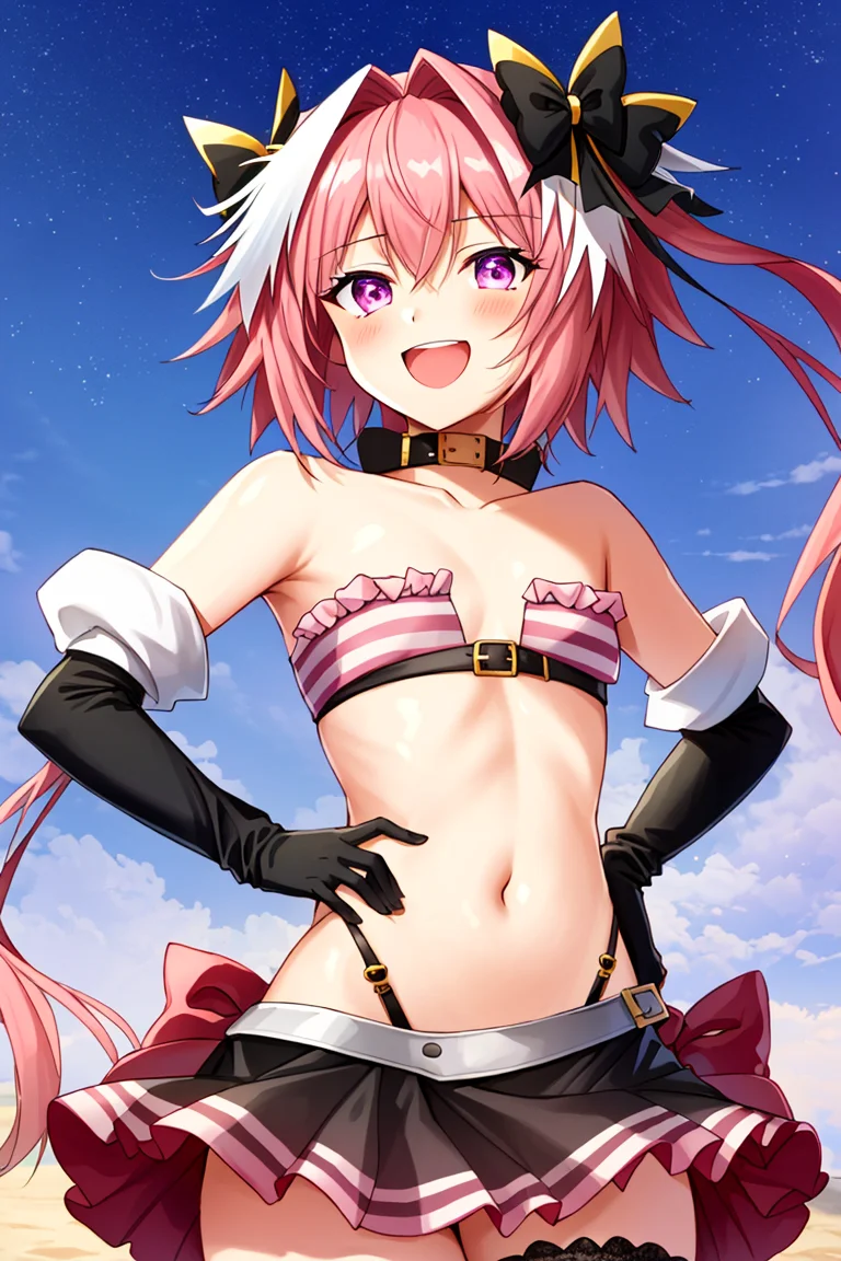 masterpiece, best quality, masterpiece, (very detailed sketch:1.1025), best quality, (astolfo fate:1.2155), 1boy, male focus, solo, trap, pink multicolored hair, pink hair, white hair, hair intakes, long hair, purple eyes, crossdressing, black gloves, bandeau, (stockings:1.1025), pink ruffled skirt, exposed navel, skindentation, excited, smile, looking at viewer, open mouth, standing