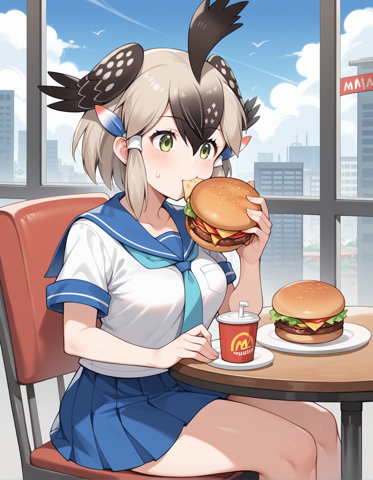 score_9, score_8_up, score_7_up, score_6_up, score_5_up, score_4_up, source_anime, BREAK<lora:greaterRoadrunnerXL_LoRA-C3Lier_AdamW_Dim16_Alpha16_UN-3e-4_TE-1.5e-4_6batch_ponyDiffusionV6XL_v6StartWithThisOne:1>, greater roadrunner \(kemono friends\), 1girl, multicolored hair, hair wings, hair tubes, green eyes, medium breasts, school uniform, necktie, sailor collar, sitting, eating, burger, mcdonald's, table, chair, window, city, city scape