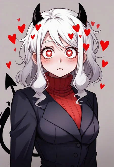 <lora:flattening-ponyxl-v1:1.3>, ,, Modeus_(Helltaker),horns, heart, demon girl, demon horns, heart-shaped pupils, symbol-shaped pupils, black horns, medium hair,demon tail, sweater, red sweater, tail, ribbed sweater, long sleeves, turtleneck, black jacket, formal, suit,, Anime eyes, anime face,<lora:add-detail-xl:0.7> <lora:xl_more_art-full_v1:0.1>