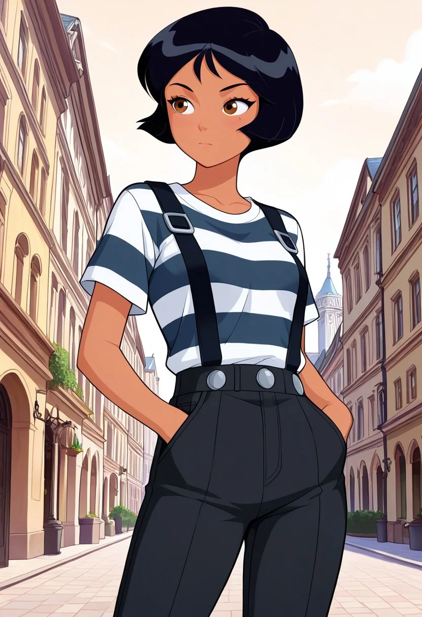 screencap, flat colors, official art, masterpiece, best quality, amazing quality, very aesthetic, high resolution, ultra-detailed, absurdres, newest,
alex_totally_spies, short hair, black hair, brown eyes, dark-skinned female, 1girl, solo, black and white striped shirt, short sleeves, black pants, suspenders, sexy, beautiful, detailed, high detailed, paris background, standing, hands in pockets, looking to the side