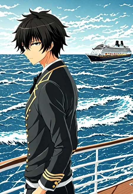 high resolution, solo, best quality, 1Boy, Seiya Kanie, black hair, short hair, thin, sea, bow cruise ship, stong wind, ocean, OverallDetail