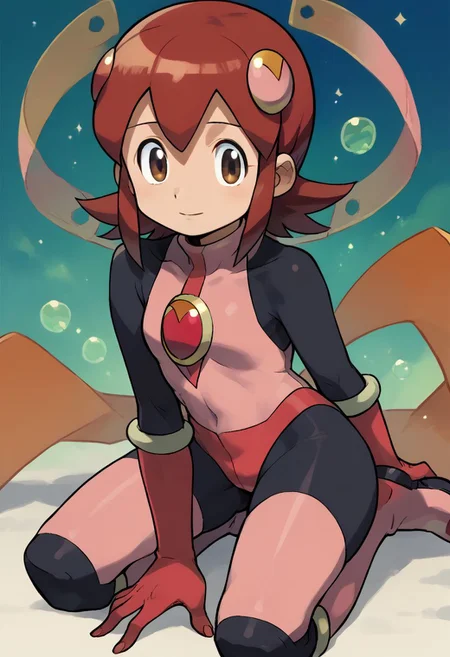 score_9, score_8_up, score_7_up, source_anime, 
ishikawa hideki style, mayl_sakurai_(mega_man), 1girl, short hair, hair ornament, brown eyes, red hair, pink bodysuit, pink gloves, knee boots, pink boots, solo