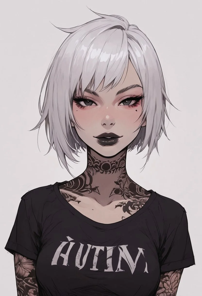 score_9, score_8_up, score_7_up, high detailed, high quality, masterpiece, no text, quality highlights, 8k detail, detailed background, source_anime, dynamic view, hentai, ultra-detailed,
...
1girl, solo, female focus, expressiveh,
(white hair), (punk hair), ((white skin)),
((short hair)),
black eyes, ((black tattoos)), seductive, gorgeous, collarbone,
(perfect slender body), thick lips,
(small breasts), (incredibly sexy),
((black lips)),
...
eyes wide, looking at viewer, closed mouth,
upper body, front view, arms at sides,
light smile, ((black t-shirt)),
((band logo on t-shirt)),
...
(((white flat background)))