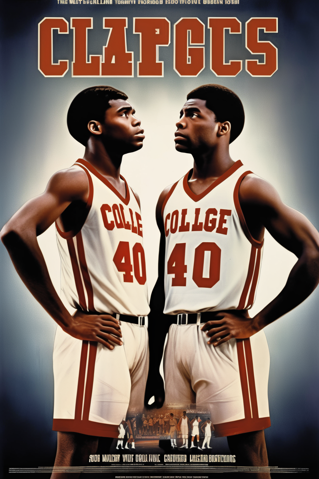 <lora:Movie Poster:1>Movie Poster - sports movie poster of two black college basketball players facing each other, one 20 years old and the other 40 years old
