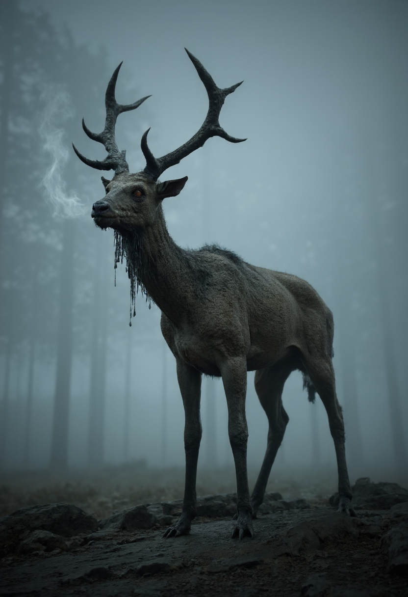 Stalking the fog-choked moors, this beast has the body of a deer twisted into a grotesque, emaciated form. Its skin is stretched tight over exposed ribs, while its antlers are cracked and dripping with a dark, tar-like substance. Its eyes are sunken hollows, glowing with a faint, unnatural blue light. When it breathes, black smoke seeps from its nostrils, and its low, guttural calls echo across the night, summoning a chorus of ghostly wails from unseen creatures. Its hooves are sharp and jagged, leaving claw-like imprints in the mud