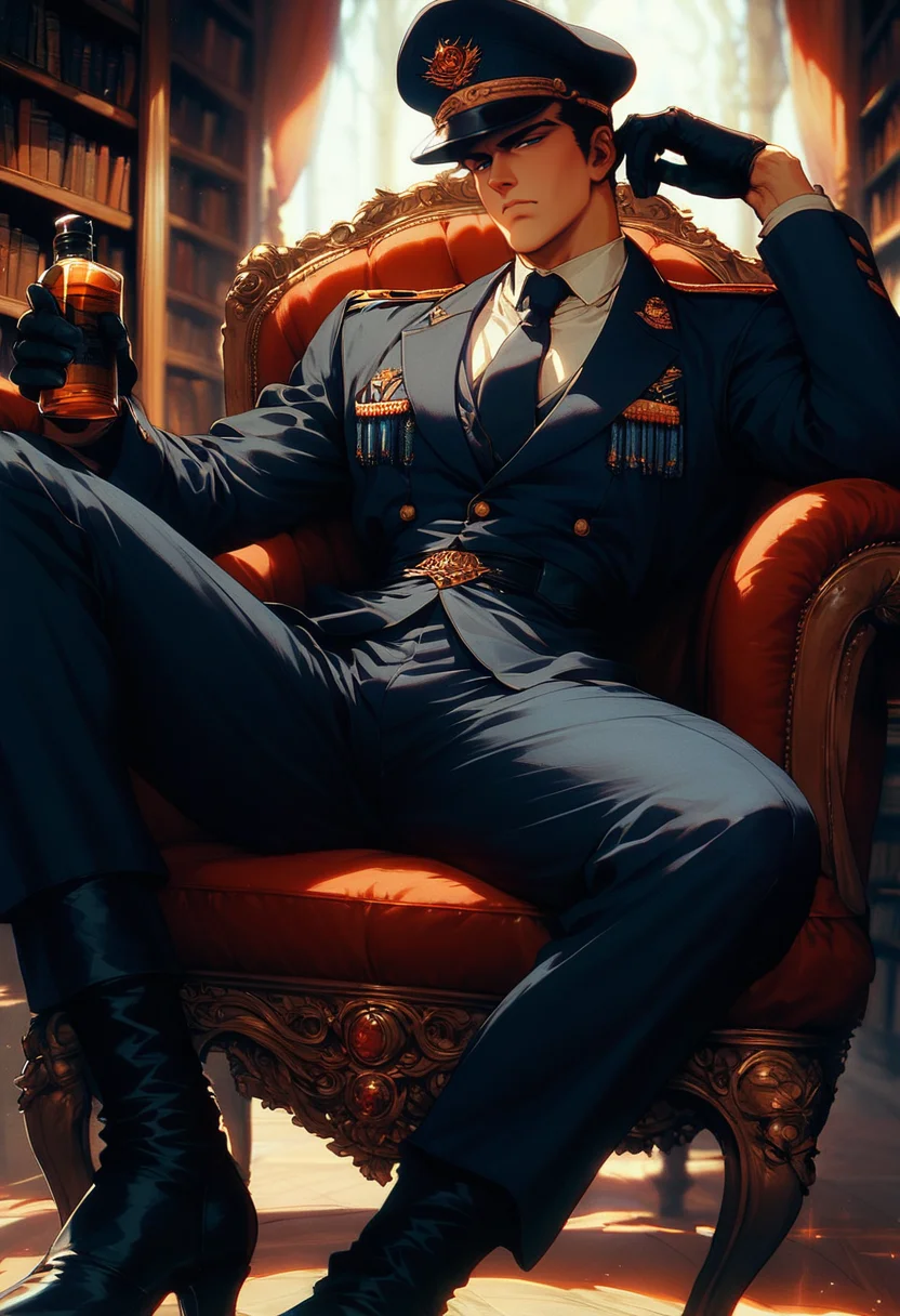 (score_9, score_8_up), score_7_up, 1man, manly, serious face, stern, narrow pupils, short hair, black hair, black military uniform and cap, black gloves, black long boots, black slacks, formal military uniform, lounging, luxurious chair, library, whiskey, legs spread out, half closed eyes, retro
<lora:nostalgia-000011:0.9>
