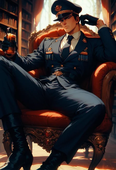(score_9, score_8_up), score_7_up, 1man, manly, serious face, stern, narrow pupils, short hair, black hair, black military uniform and cap, black gloves, black long boots, black slacks, formal military uniform, lounging, luxurious chair, library, whiskey, legs spread out, half closed eyes, retro
<lora:nostalgia-000011:0.9>