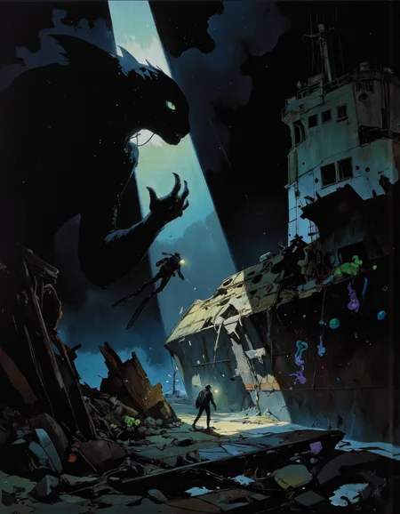 A lone diver hovers in the infinite blackness of the deep ocean, surrounded by an endless void where no light from above penetrates. The scene is dominated by the wreck of a massive sunken ship, its fractured hull looming in the darkness like a ghostly, decaying monument. The diverâs powerful headlamp is the only source of illumination, casting narrow, sharp beams that cut through the black abyss. The light reveals fine particles of sediment drifting like glowing stardust, creating smooth, seamless gradients with no visible artifacts or banding. As the light sweeps across the scene, it partially reveals the shadowy silhouette of a colossal sea monster (1.6). Only faint, fragmented details of the creatureâs massive form emergeâjagged fins, armor-like scales, and a faintly glowing eye (1.3) that stares through the darkness, unblinking and otherworldly. The rest of the monsterâs body disappears into the impenetrable blackness, its vast scale implied by the faint curvature of its shadowy outline. The diver cautiously examines the shipwreck, their silhouette dwarfed by the shattered hull and the looming monster. The headlamp highlights broken metal plates, trailing cables, and encrusted barnacles, all cloaked in a thin layer of drifting sediment. Flickering bioluminescent marine lifeâelectric blue, neon green, and violetâoccasionally dart into the beam before vanishing again into the surrounding void. The deep ocean is suffocating and vast, an infinite expanse of total darkness. <lora:Comic_book_opus_3:1>