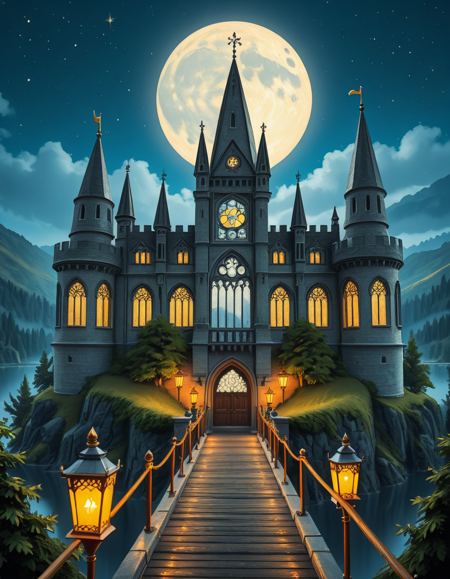 A majestic, ancient castle perched on a rocky hill, serving as a prestigious school for young wizards. The castle is a grand structure with towering spires, intricate gothic architecture, and large stained-glass windows that glow with magical energy. The stone walls are covered in ivy, and enchanted lanterns float around the entrance, casting a soft, mystical glow. A massive wooden bridge leads to the main gate, suspended over a misty, enchanted lake that reflects the moonlight. In the background, rolling green hills and dense, fog-covered forests surround the school, adding an air of mystery. The sky is a deep twilight blue, with stars twinkling and a full moon shining brightly. Some windows in the castle emit warm, golden light, hinting at classrooms filled with spellbooks and students practicing magic. A few owls are seen soaring above, delivering messages. The atmosphere is magical, mysterious, and full of wonder, as if the castle itself is alive with enchantments.
<lora:SDXLFaeTastic2400:0.4> <lora:extremely_detailed:0.4> extremely detailed,ancient c4stl3, <lora:ancient_c4stl3-i:1>, Masterpiece,best quality,hi res,8k,hi res,8k,award winning,(sharp focus, intricate, highly detailed),
