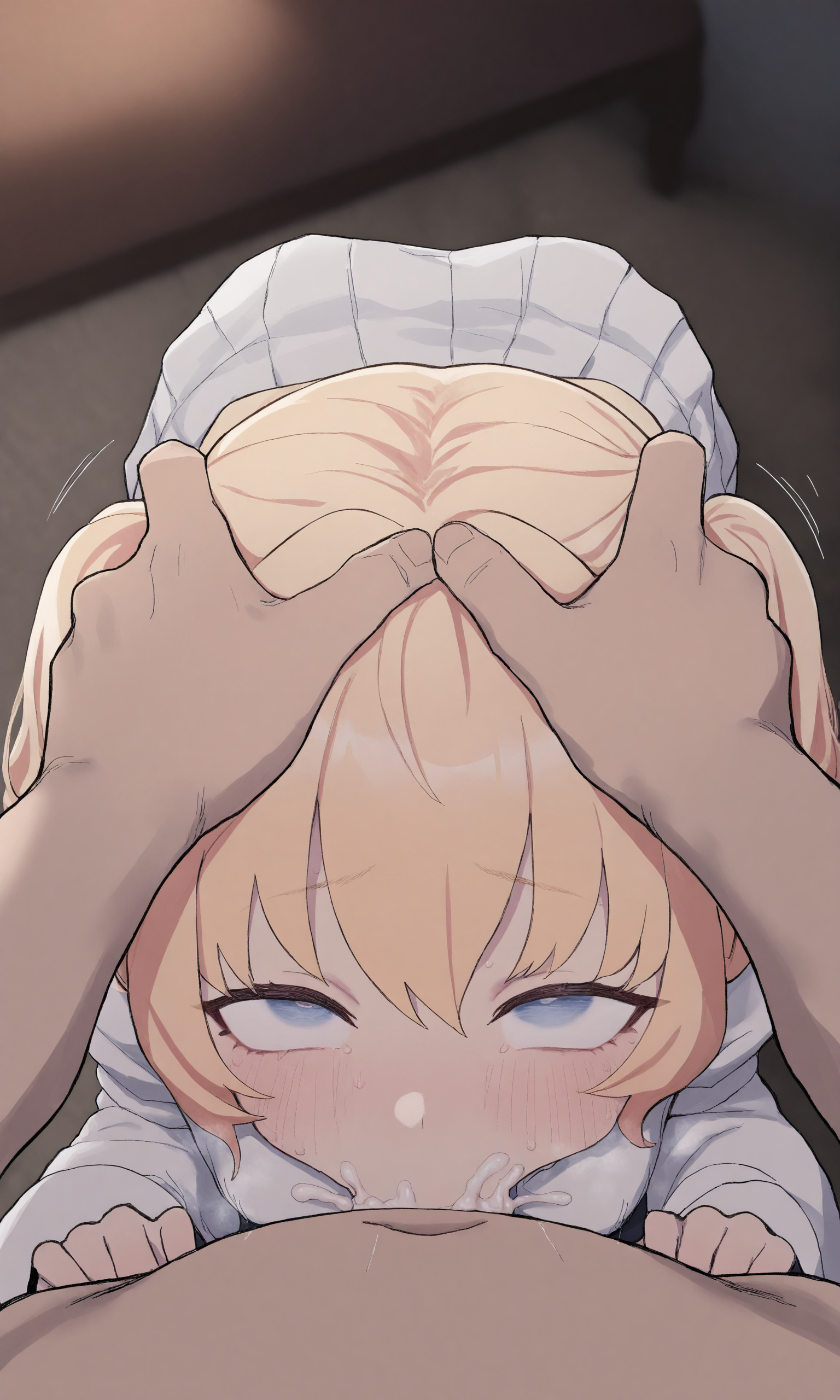 masterpiece, best quality, high resolution, absurdres, 1girl, saicastlestyle, blue_eyes, blonde_hair, long_hair, large_breasts, 1boy, hands_on_another's_head, fellatio, penis, looking_at_viewer, rolling_eyes, cum_in_mouth, deepthroat,