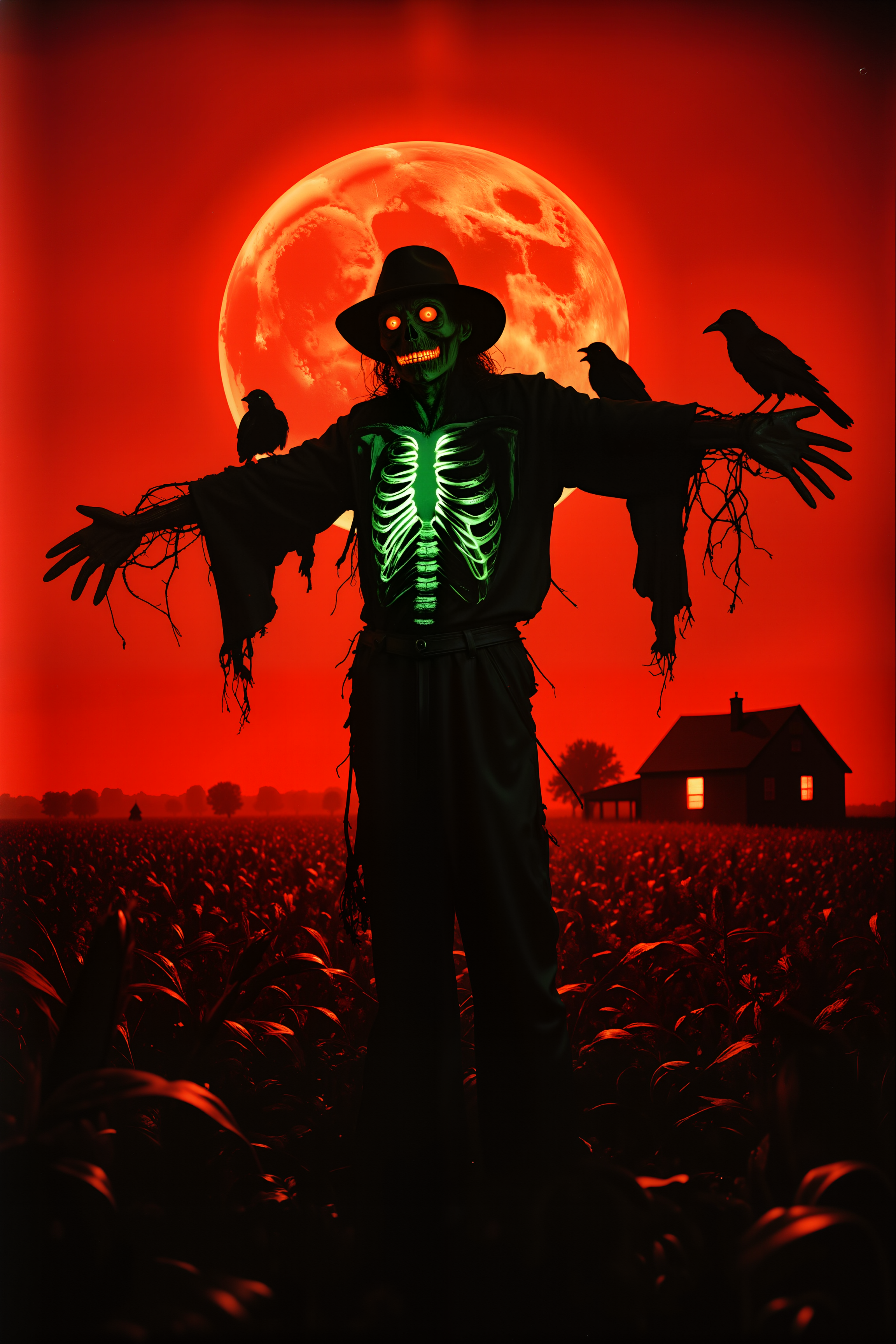 A dark, eerie cornfield under a blood-red sky, with a monstrous scarecrow at its center. Its tattered clothes flap in the wind, revealing a skeletal ribcage glowing with ghostly green light. Crows with glowing red eyes perch on its outstretched arms, and twisted vines curl around its wooden frame like grasping fingers. In the distance, a dilapidated farmhouse stands silhouetted against a massive, looming full moon. <lora:sxz-Vintage-Fantasy-Flux:0.45><lora:n30nfilm:0.8><lora:lith_mimosa_kiel_grw134_FLUX:0.45><lora:DreamArtFluxV1.0:0.55><lora:shrooms-house-000012:0.3>