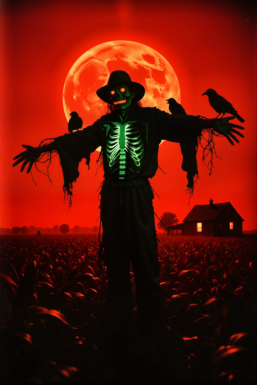 A dark, eerie cornfield under a blood-red sky, with a monstrous scarecrow at its center. Its tattered clothes flap in the wind, revealing a skeletal ribcage glowing with ghostly green light. Crows with glowing red eyes perch on its outstretched arms, and twisted vines curl around its wooden frame like grasping fingers. In the distance, a dilapidated farmhouse stands silhouetted against a massive, looming full moon. <lora:sxz-Vintage-Fantasy-Flux:0.45><lora:n30nfilm:0.8><lora:lith_mimosa_kiel_grw134_FLUX:0.45><lora:DreamArtFluxV1.0:0.55><lora:shrooms-house-000012:0.3>