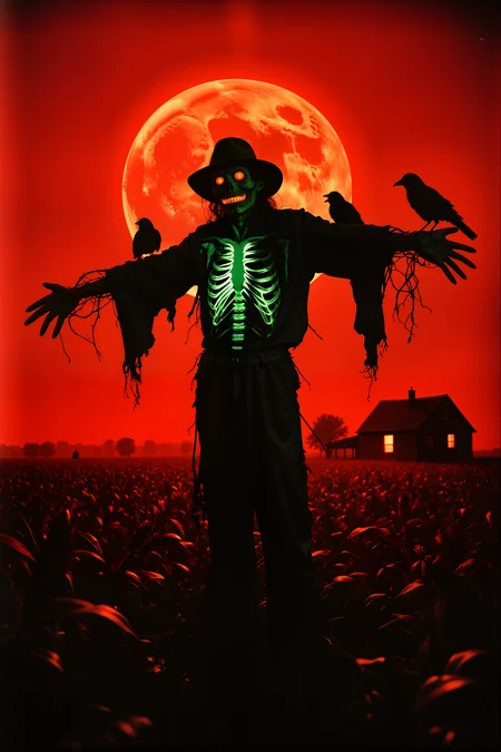A dark, eerie cornfield under a blood-red sky, with a monstrous scarecrow at its center. Its tattered clothes flap in the wind, revealing a skeletal ribcage glowing with ghostly green light. Crows with glowing red eyes perch on its outstretched arms, and twisted vines curl around its wooden frame like grasping fingers. In the distance, a dilapidated farmhouse stands silhouetted against a massive, looming full moon. <lora:sxz-Vintage-Fantasy-Flux:0.45><lora:n30nfilm:0.8><lora:lith_mimosa_kiel_grw134_FLUX:0.45><lora:DreamArtFluxV1.0:0.55><lora:shrooms-house-000012:0.3>