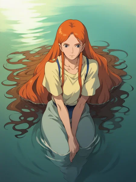 score_9, score_8_up, score_7_up, score_6_up, score_5_up, <lora:Ghibli2XLP:1> ghibli, solo, 1girl, long hair, ginger hair, curvy, water